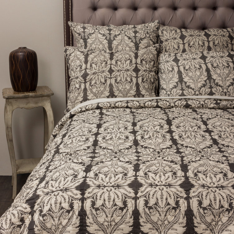Gray Damask Cotton Twin Reversible Quilt Set