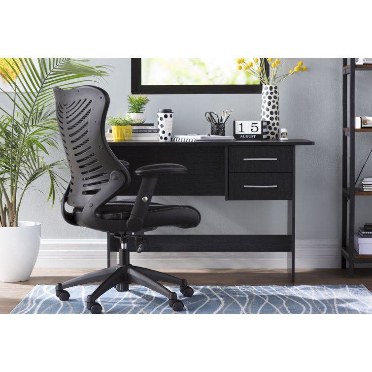 Contemporary High-Back Black Mesh & Leather Executive Office Chair with Adjustable Arms