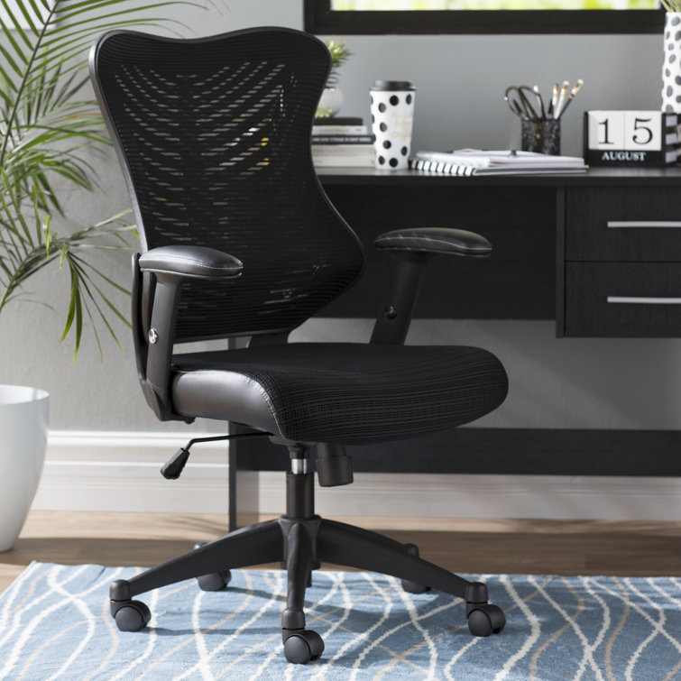 Contemporary High-Back Black Mesh & Leather Executive Office Chair with Adjustable Arms