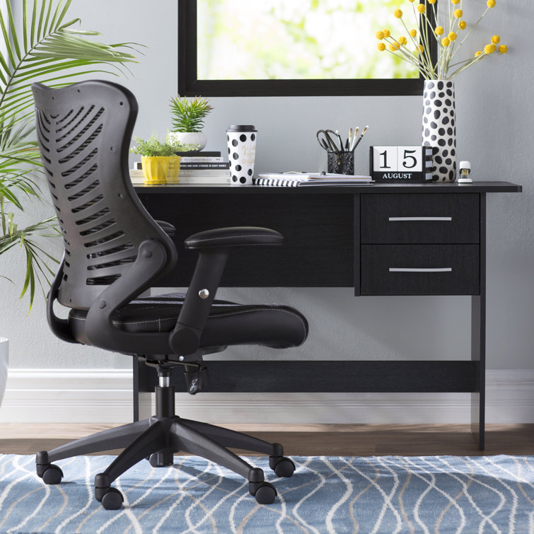 Contemporary High-Back Black Mesh & Leather Executive Office Chair with Adjustable Arms