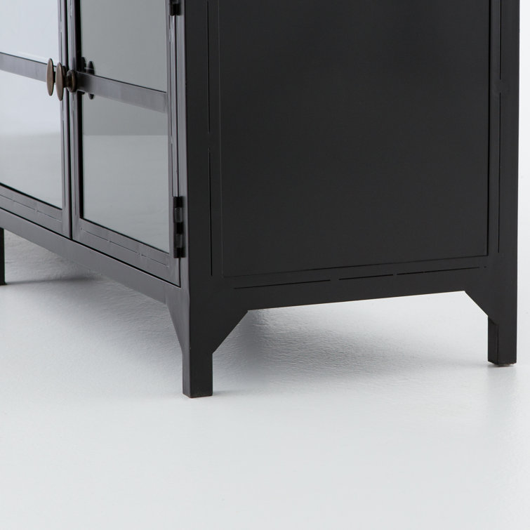 Malcom Shadow Box Design Black Iron Media Console with Glass Doors