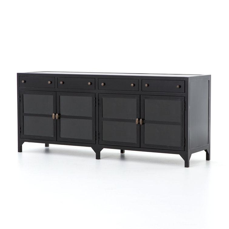 Malcom Shadow Box Design Black Iron Media Console with Glass Doors