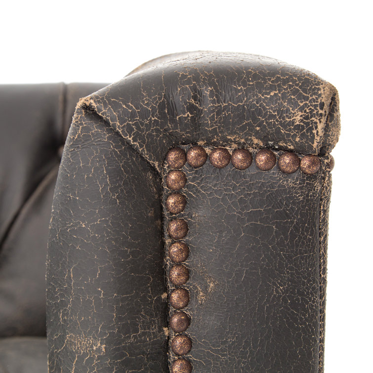 Black Leather Tufted Chesterfield Sofa with Nailhead Trim