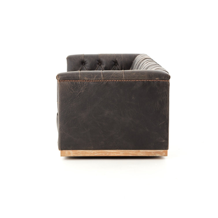 Black Leather Tufted Chesterfield Sofa with Nailhead Trim