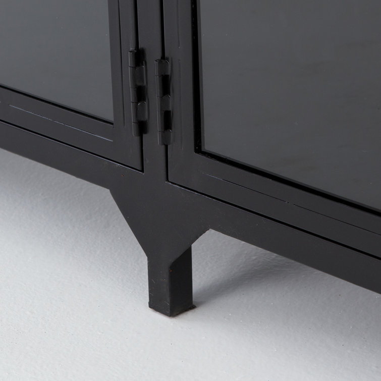 Malcom Shadow Box Design Black Iron Media Console with Glass Doors