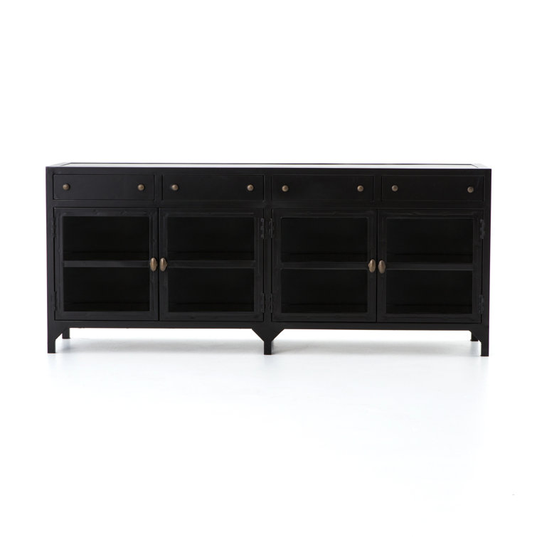 Malcom Shadow Box Design Black Iron Media Console with Glass Doors