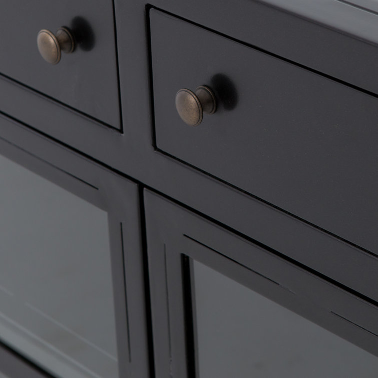Malcom Shadow Box Design Black Iron Media Console with Glass Doors