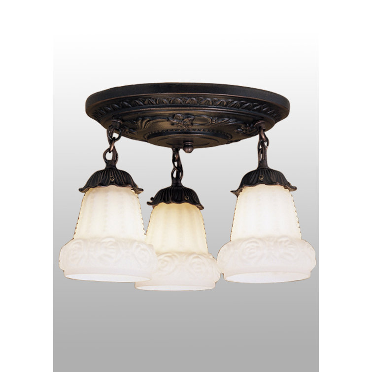Vintage White Puffy Rose 3-Light Semi-Flush Mount in Mahogany Bronze