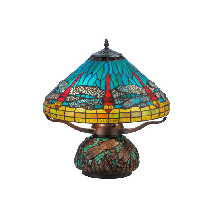 Blue Stained Glass Dragonfly Table Lamp with Mahogany Base