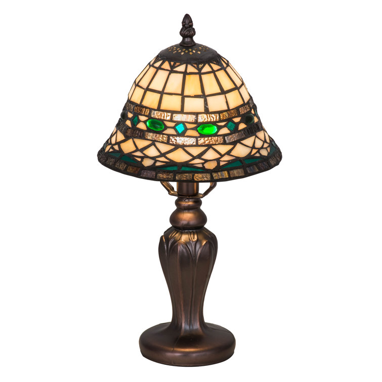 Amber Beige Stained Glass Table Lamp with Bronze Base