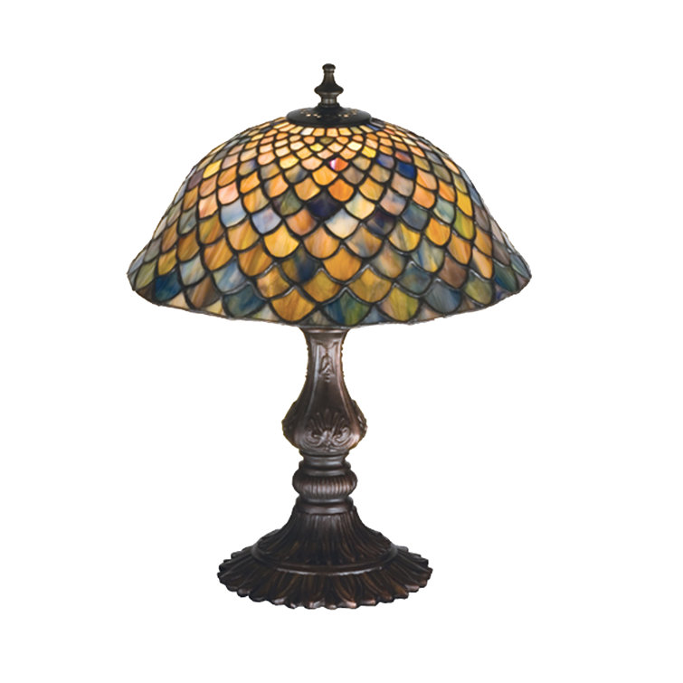 Emerald Sapphire Fishscale 15" Stained Glass Accent Lamp in Mahogany Bronze