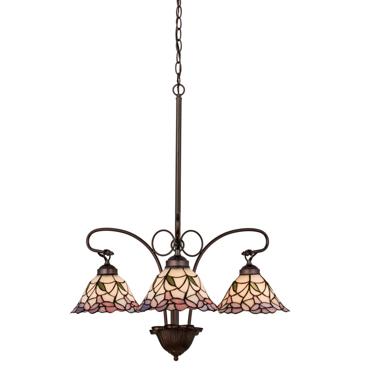 Elegant Linen White and Plum Pink 3-Light Tiffany Chandelier
