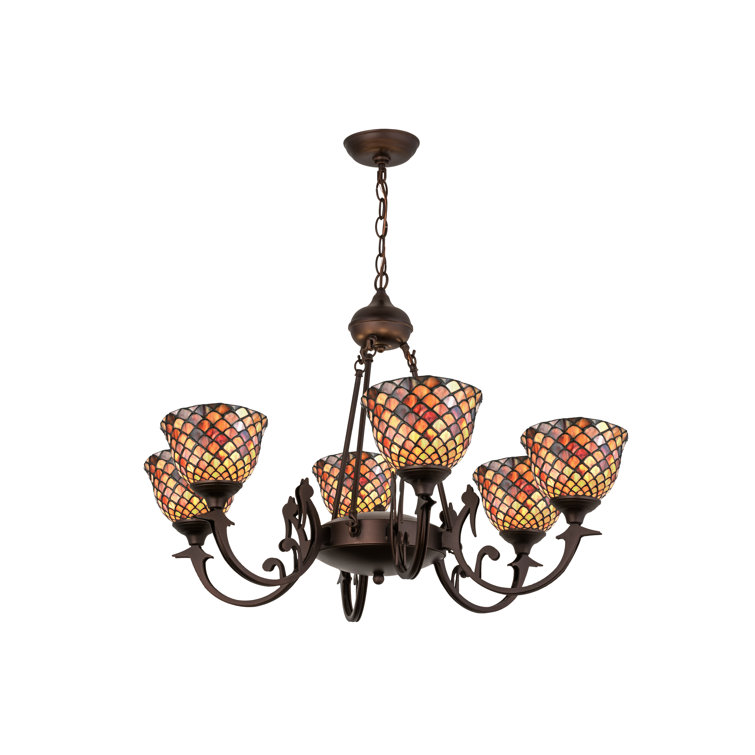 Elegant 6-Light Hand-Forged Steel Chandelier with Red Glass Shades