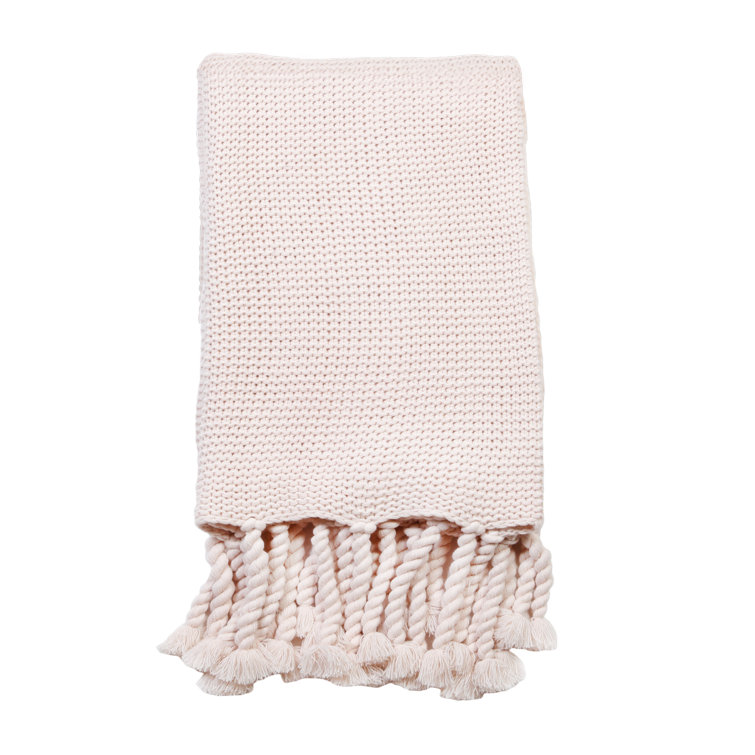 Blush Chunky Textured Weave Embroidered Throw with Braided Tassels