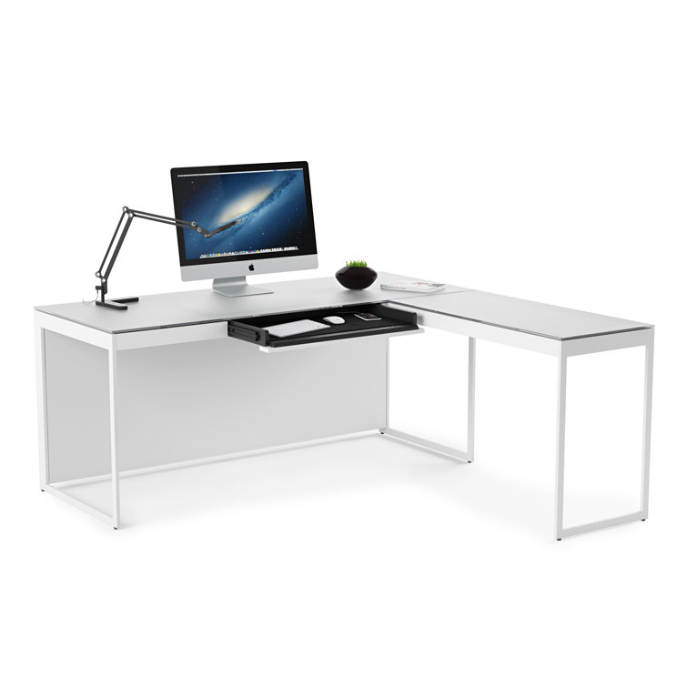Satin White & Grey Glass Writing Desk with Drawer and Power Outlet