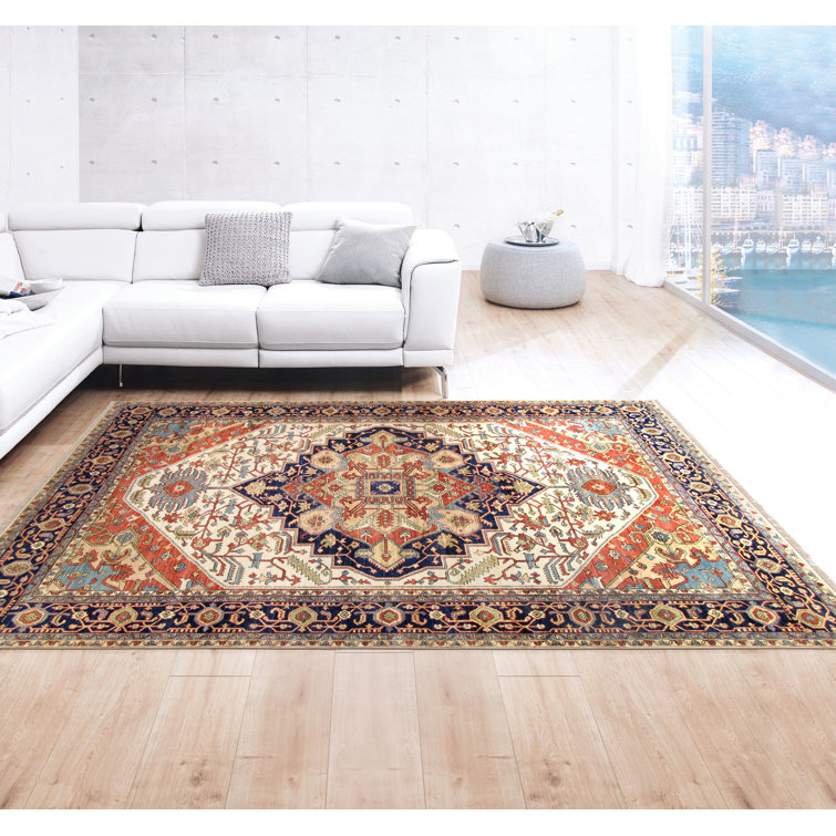 Hand-Knotted Ivory and Navy Wool 10' x 14' Oriental Rug