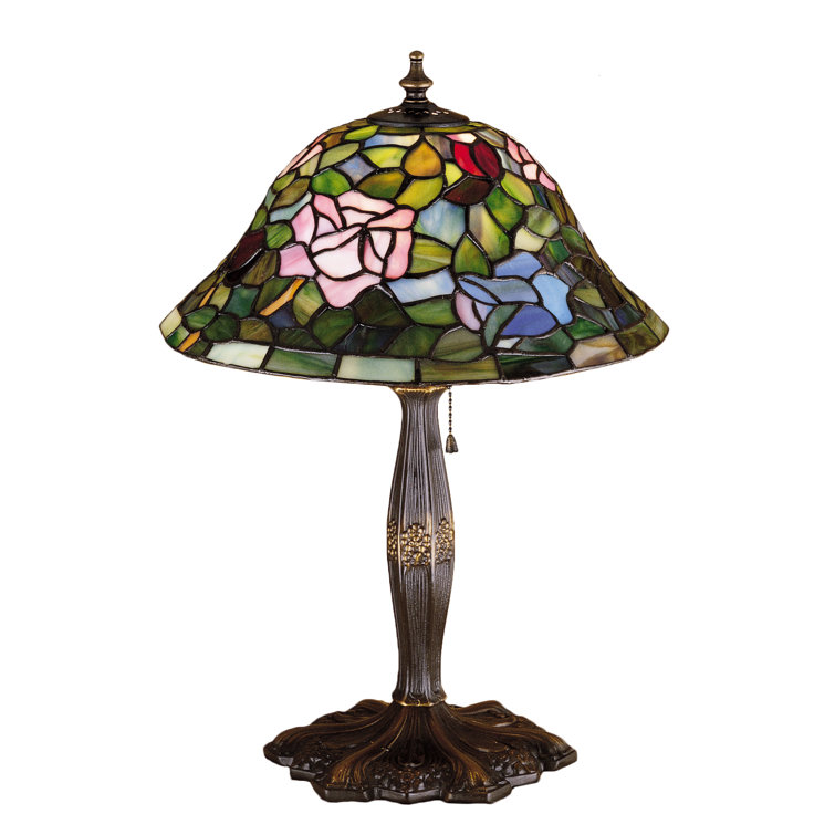 Tiffany Rosebush Stained Glass Table Lamp with Mahogany Bronze Base