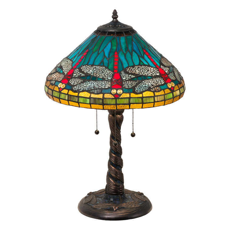 Ocean Blue Stained Glass 3-Light Table Lamp with Mahogany Bronze Base