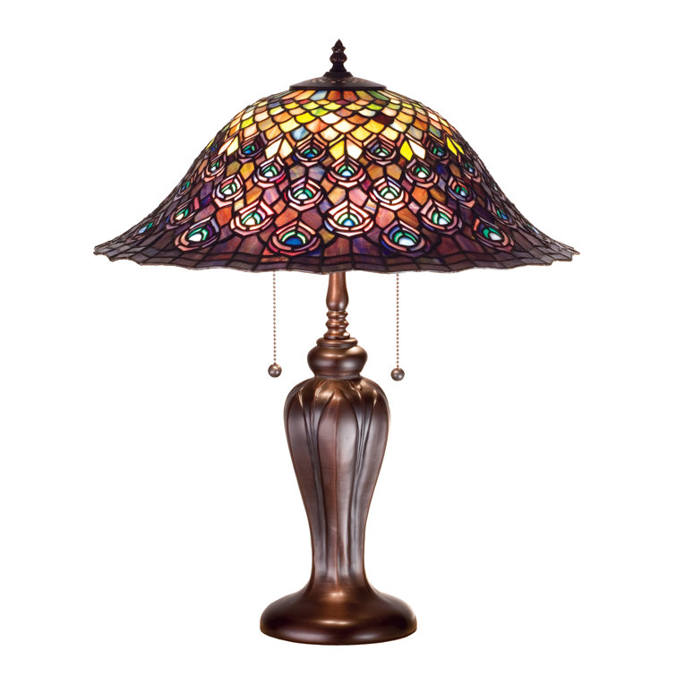 Meyda 25" Multicolor Stained Glass Peacock Feather Table Lamp