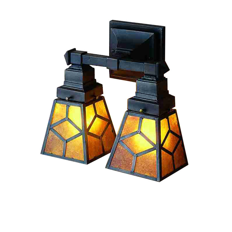 Mahogany Bronze 2-Light Mission Style Wall Sconce with Amber Panels