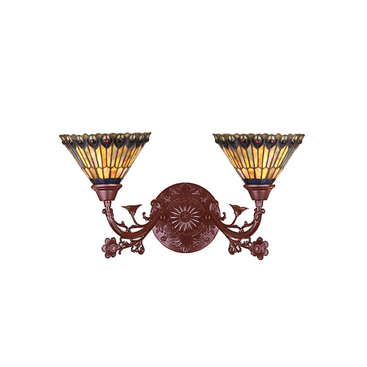 Tiffany Jeweled Peacock Dual Light Bronze Sconce