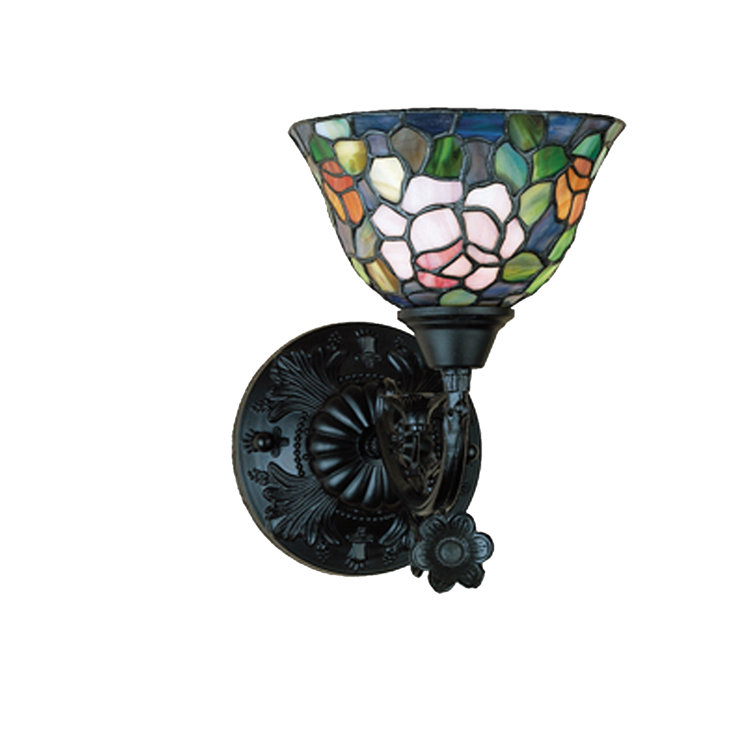 Tiffany Rosebush Stained Glass 14" Bronze Black Sconce