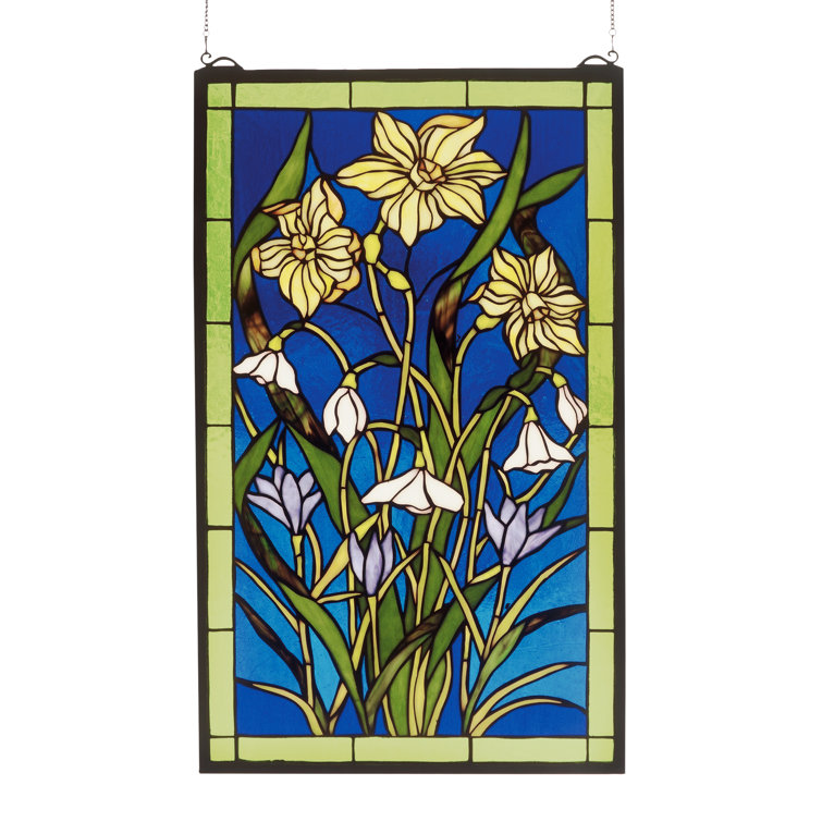 Spring Bouquet Stained Glass Window Panel with Brass Frame