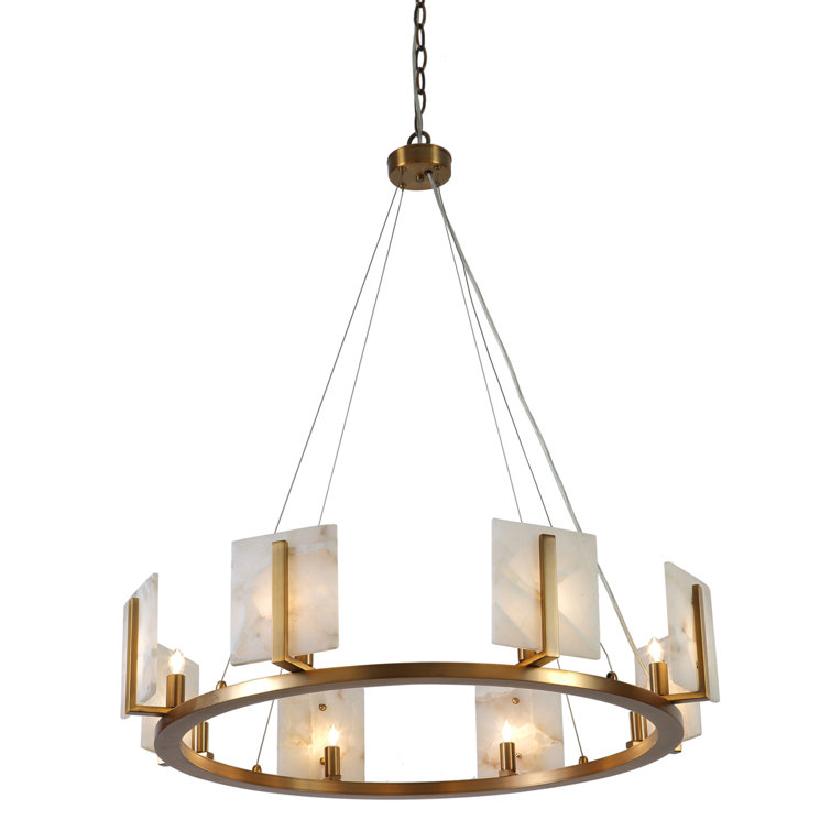 Antique Brass & Alabaster 8-Light Wagon Wheel Chandelier