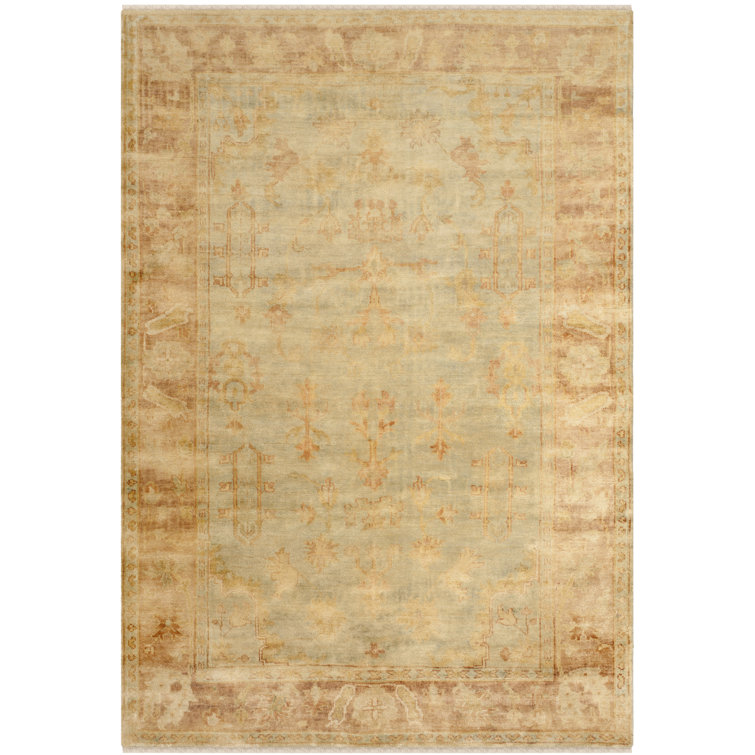 Hand-Knotted Soft Green and Rust Wool 10' x 14' Rug