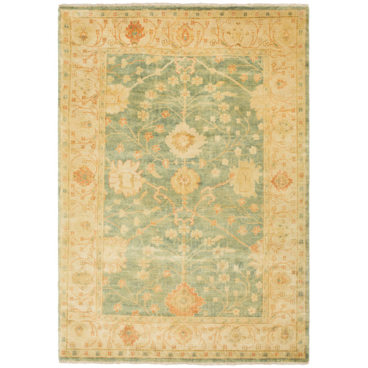 Oushak Medium Blue and Beige Wool Area Rug 6' x 9'