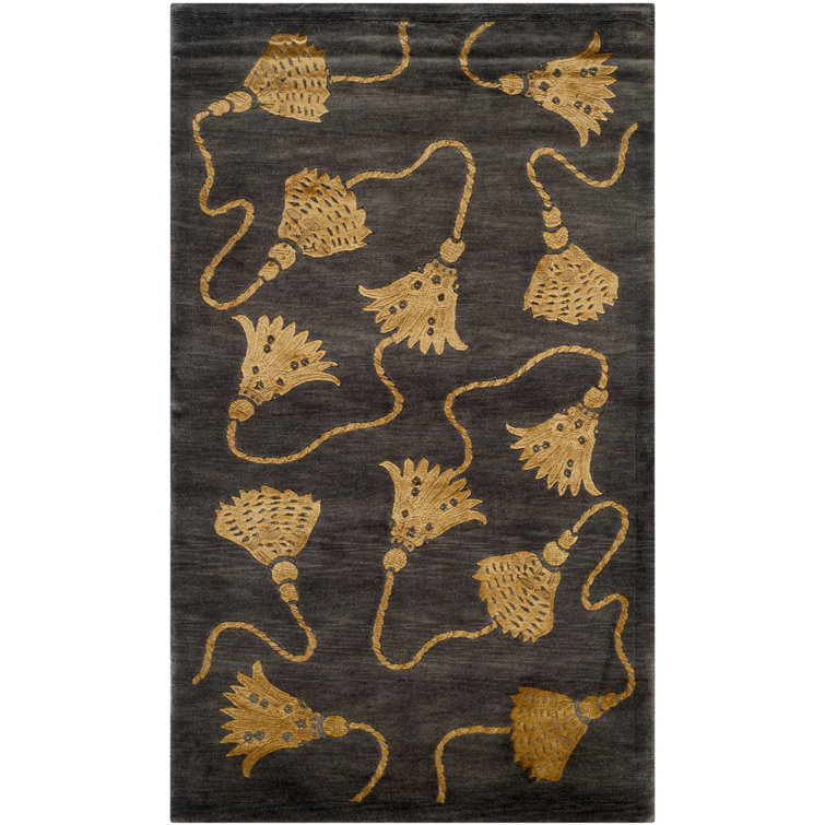 Plum and Gold Geometric Hand-Knotted Wool-Silk Rug 10' x 14'