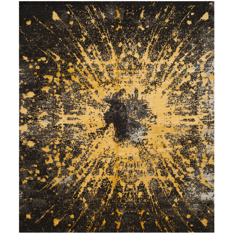 Gold and Black Hand-Knotted Geometric Wool Rug 8' x 10'