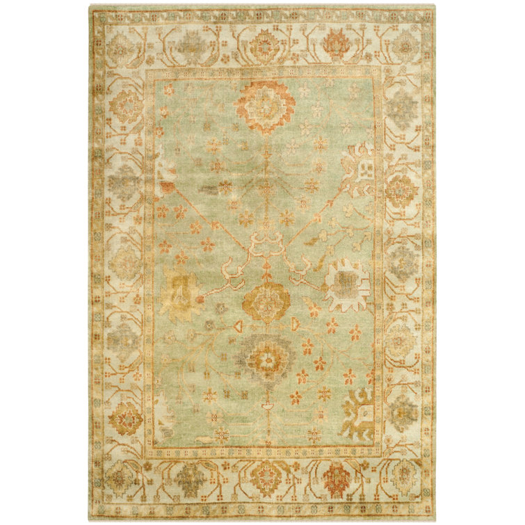 Elegant Oushak Dark and Light Green Hand-Knotted Wool Rug 6' x 9'