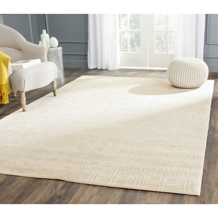 Ivory Geometric Hand-Knotted Wool and Viscose Rug 9' x 12'