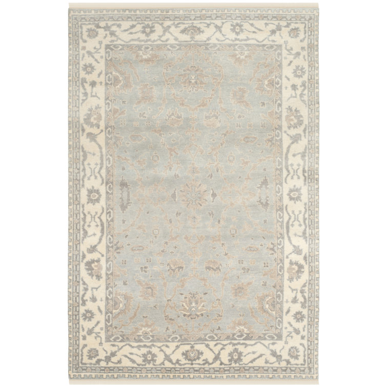 Oushak Blue and Ivory Hand-Knotted Wool 6' x 9' Area Rug