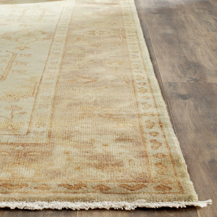 Hand-Knotted Soft Green and Rust Wool 10' x 14' Rug
