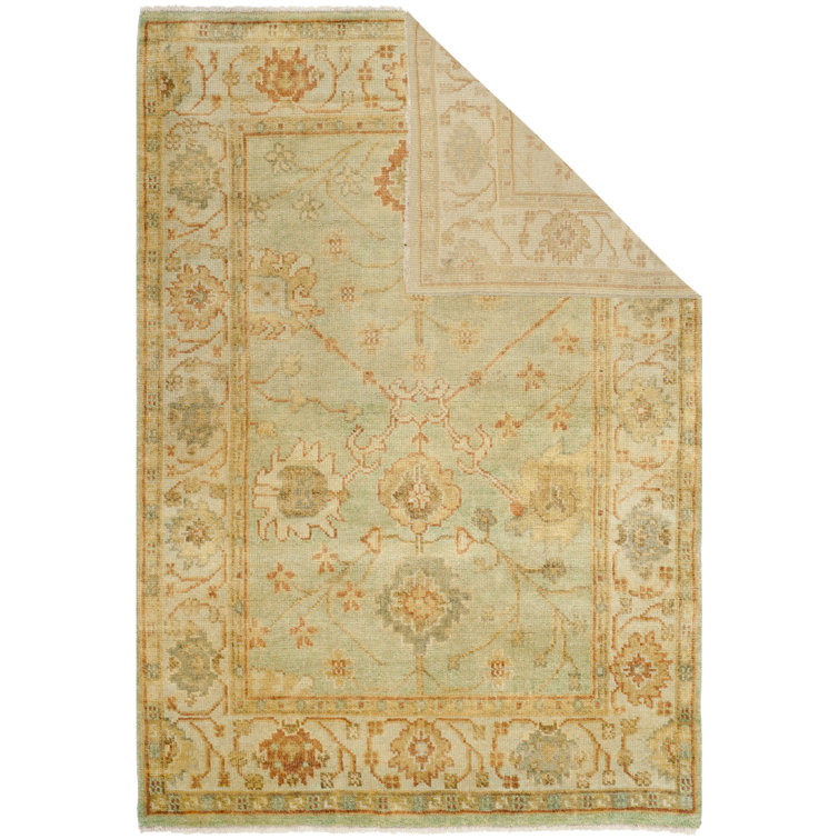 Elegant Oushak Dark and Light Green Hand-Knotted Wool Rug 6' x 9'
