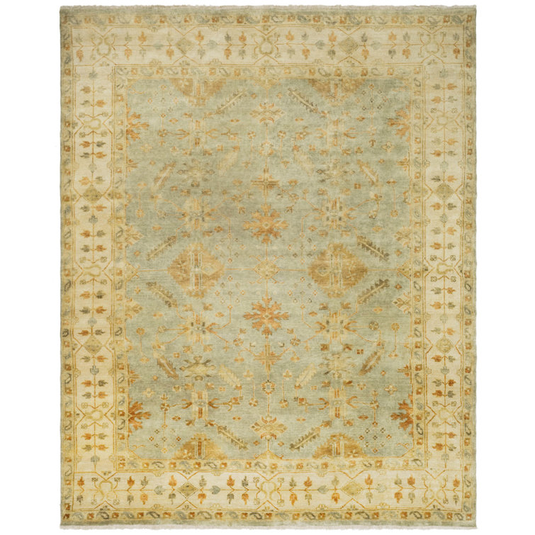 Hand-Knotted Ivory and Soft Green Wool 10' x 14' Rug