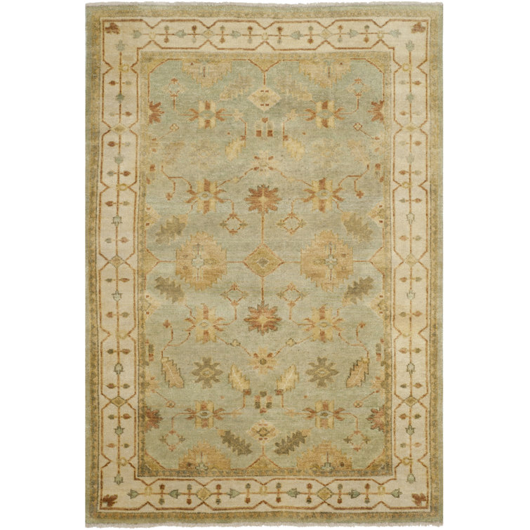 Hand-Knotted Ivory and Soft Green Wool 10' x 14' Rug