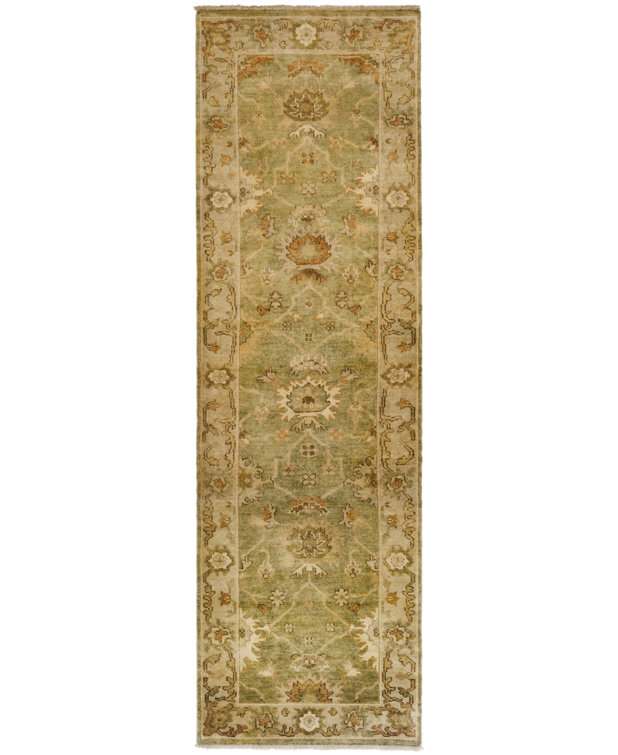 Hand-Knotted Wool Green and Beige 3' x 10' Runner Rug