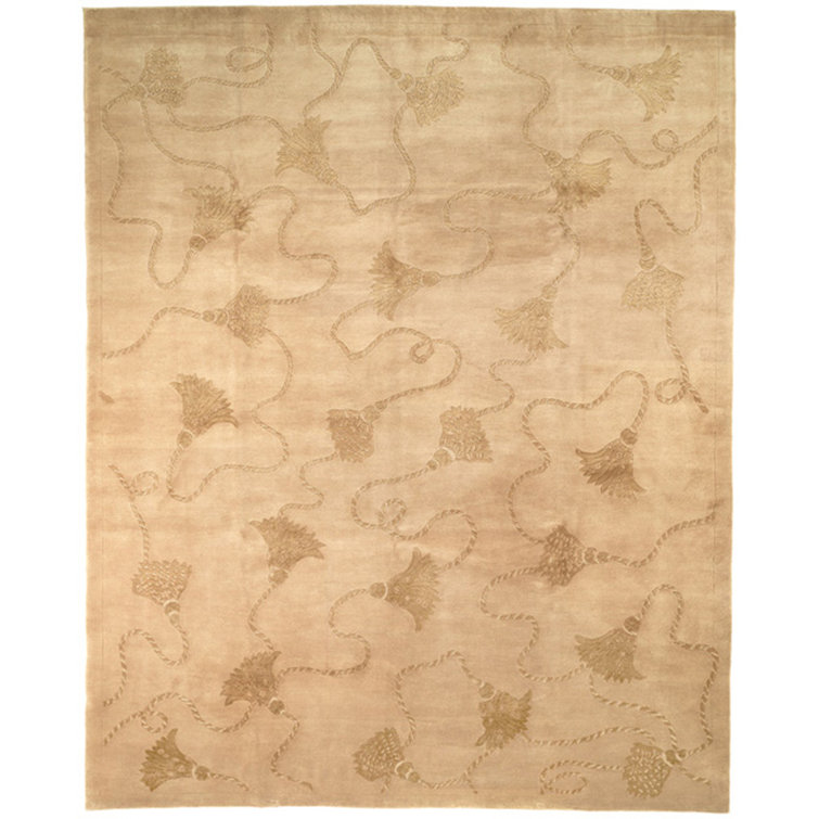 Ivory Geometric Hand-Knotted Wool and Silk 5' x 7' Rug