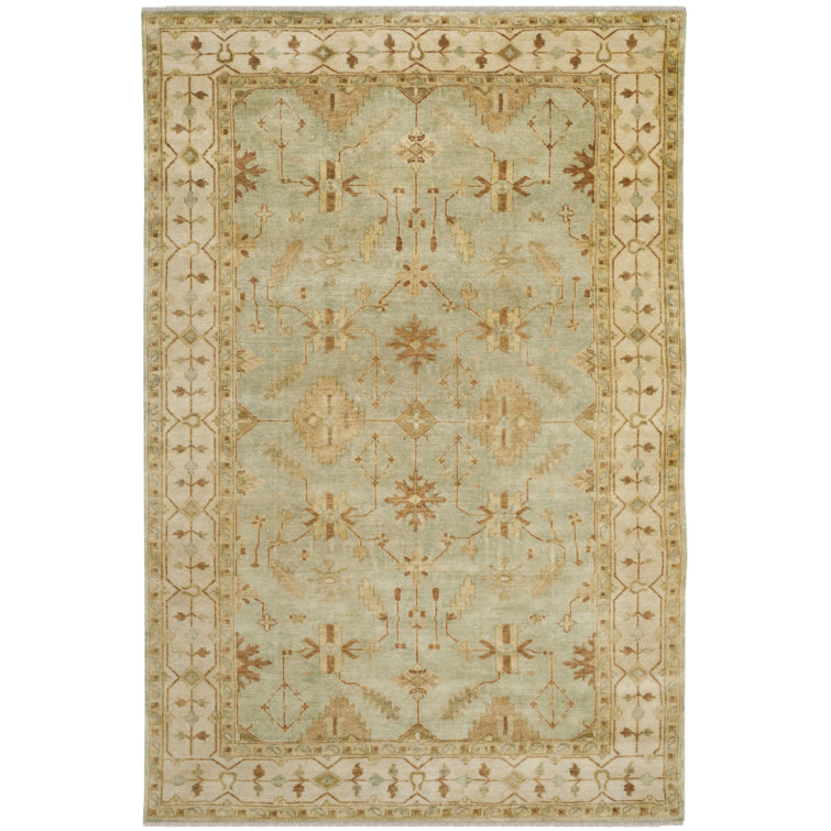 Hand-Knotted Ivory and Soft Green Wool 10' x 14' Rug