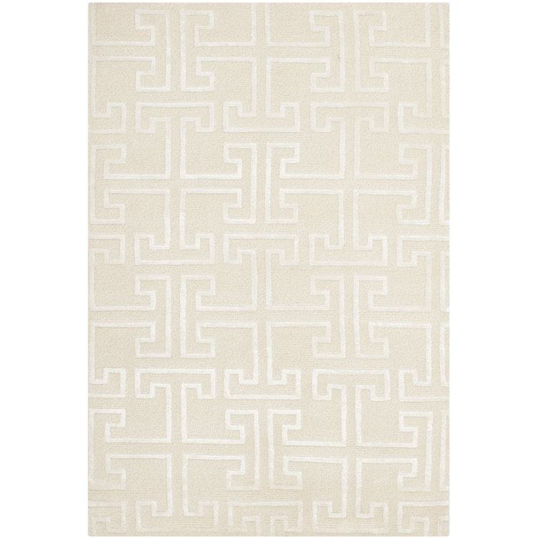 Ivory Geometric Hand-Knotted Wool and Viscose Rug 9' x 12'