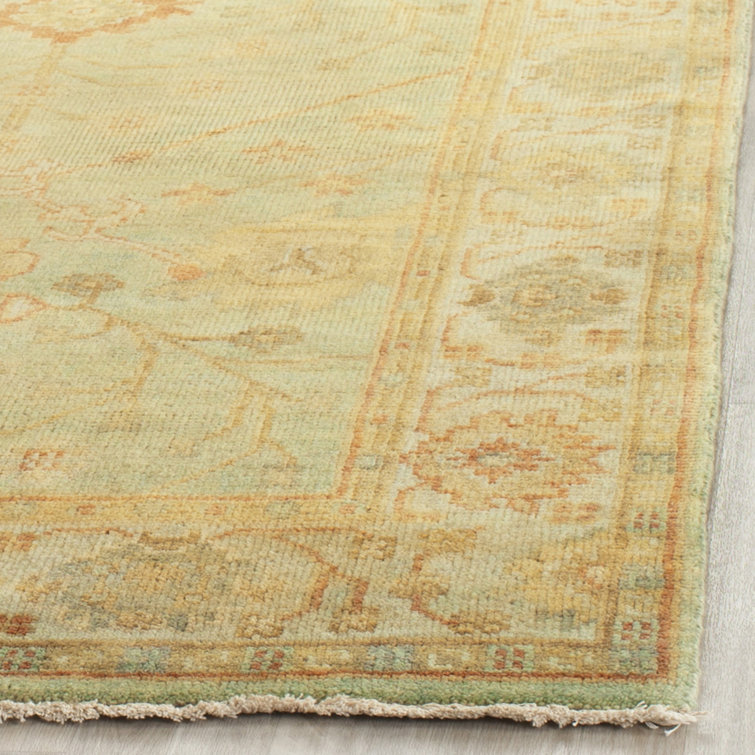 Elegant Oushak Dark and Light Green Hand-Knotted Wool Rug 6' x 9'
