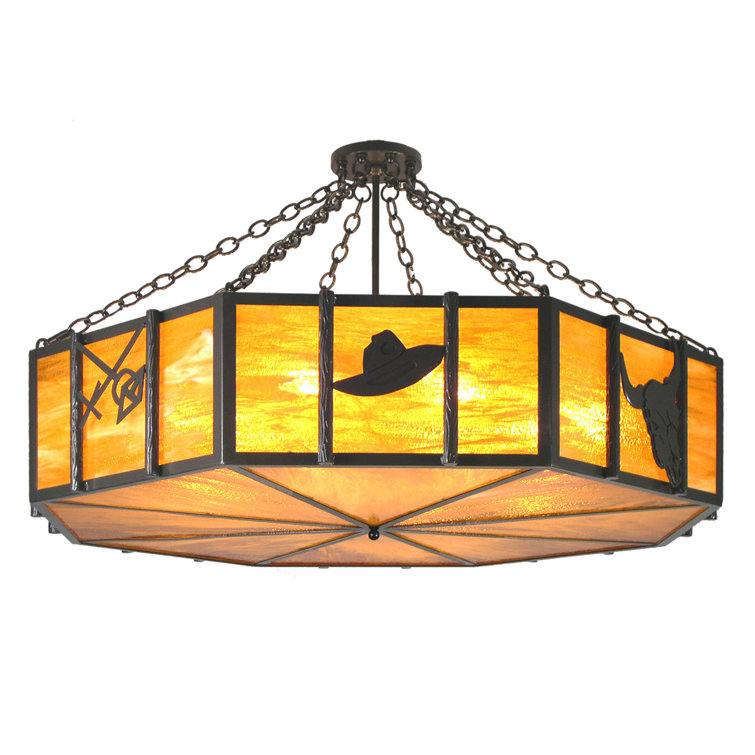 Rustic 8-Light Globe Chandelier with Honey Art Glass Panels