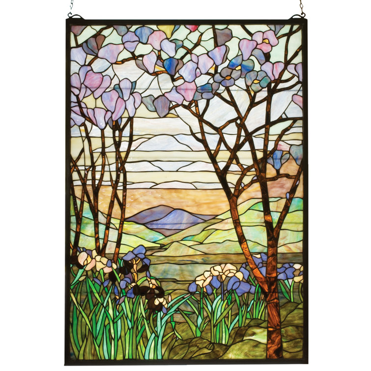 Victorian Magnolia and Iris Stained Glass Window with Brass Chain