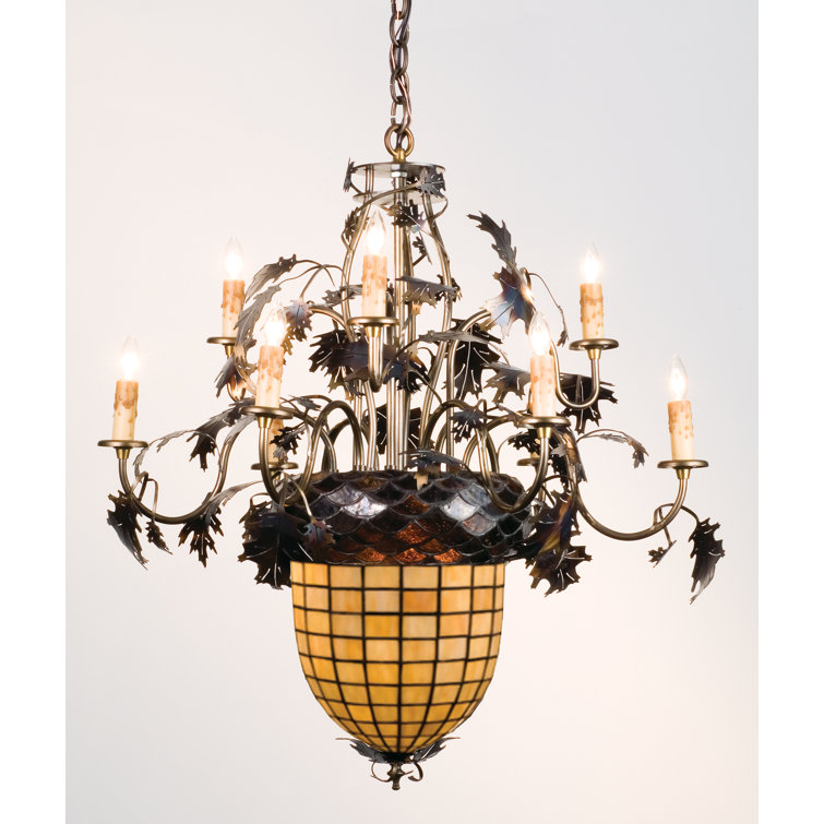 Autumn Green Leaf Adorned 2-Light Copper Chandelier with Ivory Acorn