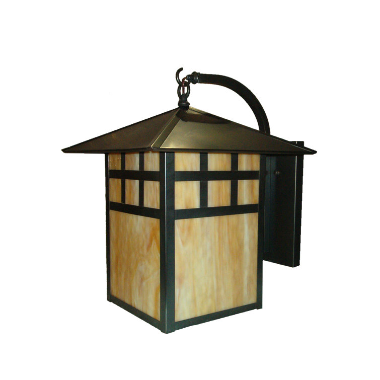Seneca 20.5'' Craftsman Brown Lantern Style Wall Sconce with Beige Art Glass
