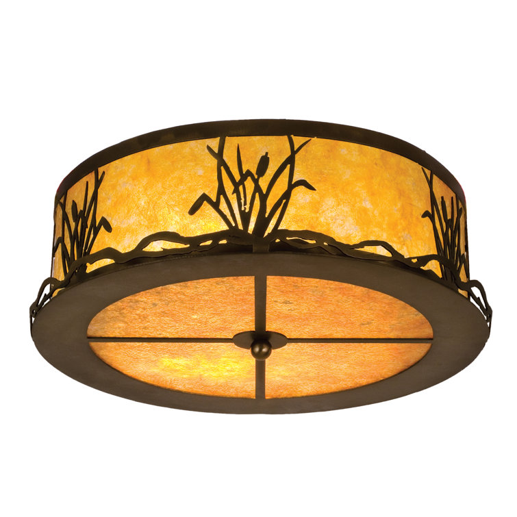 Antique Copper and Glass Drum Flush Mount Light