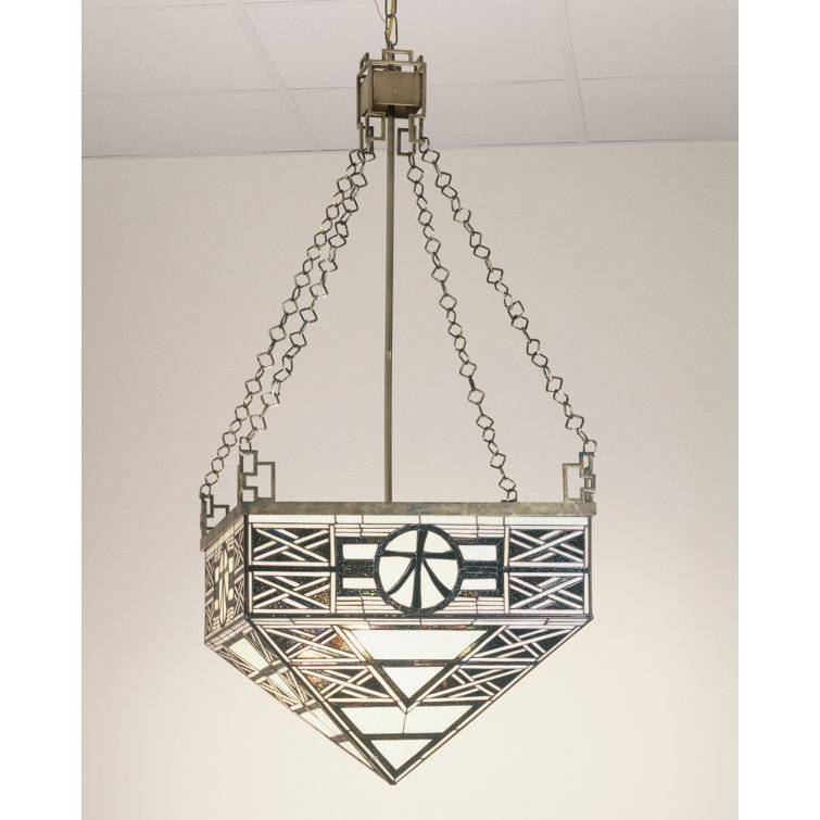 Bronze & Glass 4-Light Geometric Chandelier with Art Glass Shade